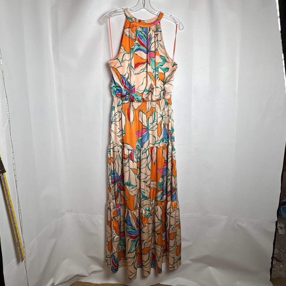 Tahari ASL Womens Large Orange Tropical Floral Halter Tiered Maxi Dress L Resort